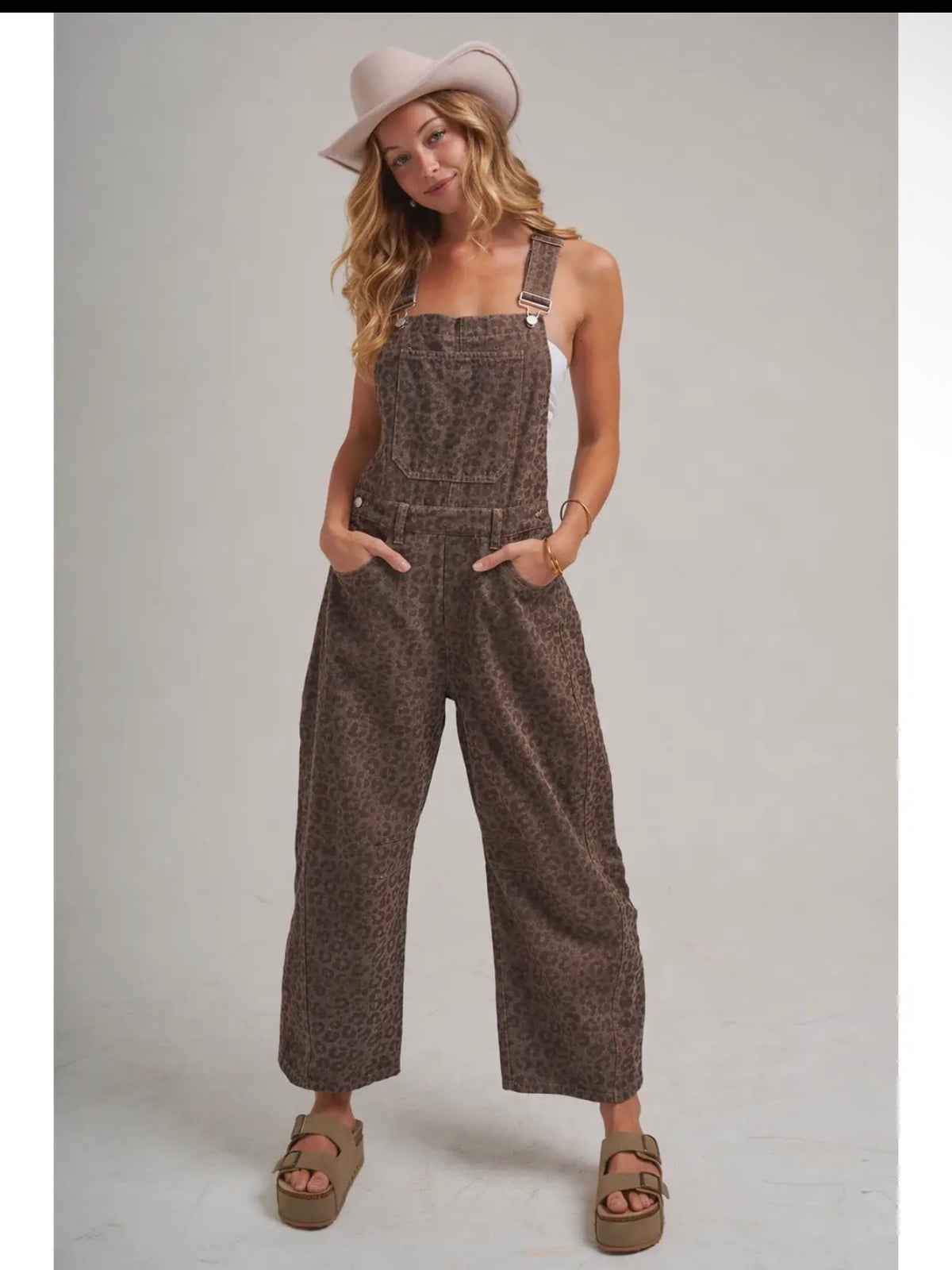Chocolate Leopard Barrel Overalls