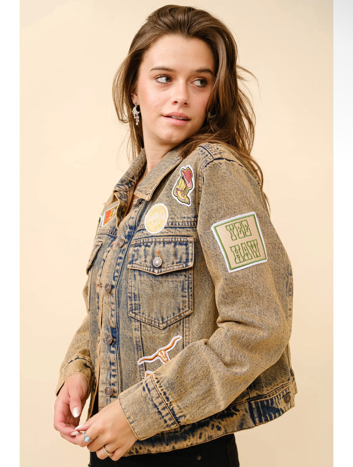 Funky Boho Mineral Wash Patch Denim Jacket