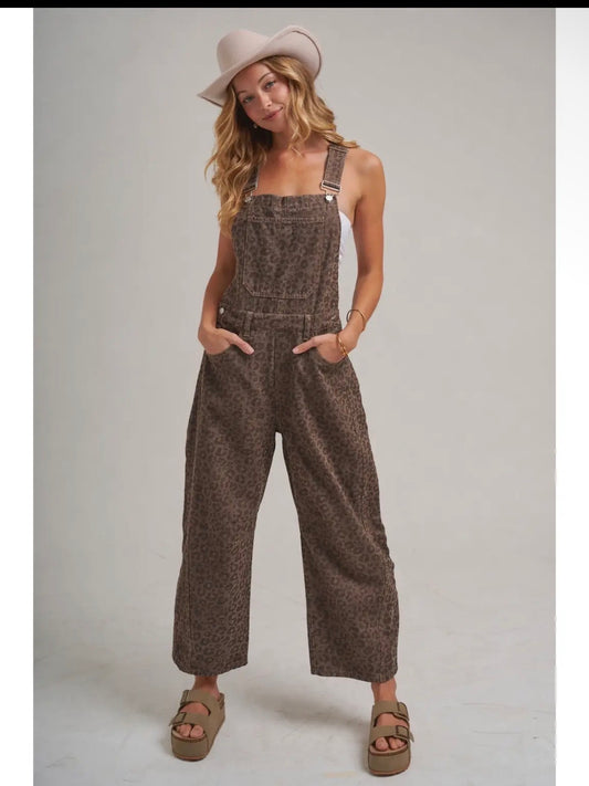Chocolate Leopard Barrel Overalls