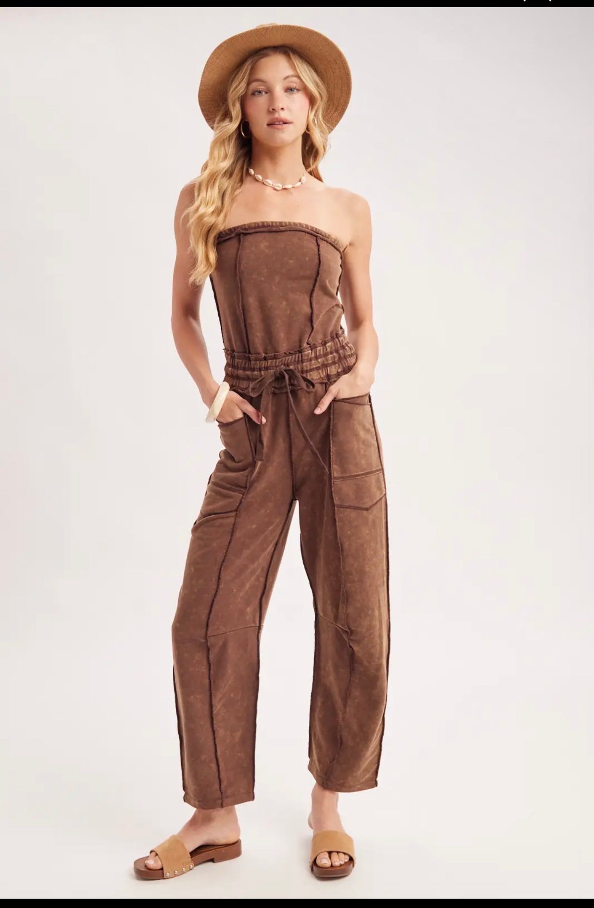 Mocha Mineral Wash Strapless Jumpsuit