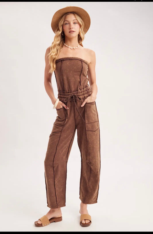 Mocha Mineral Wash Strapless Jumpsuit