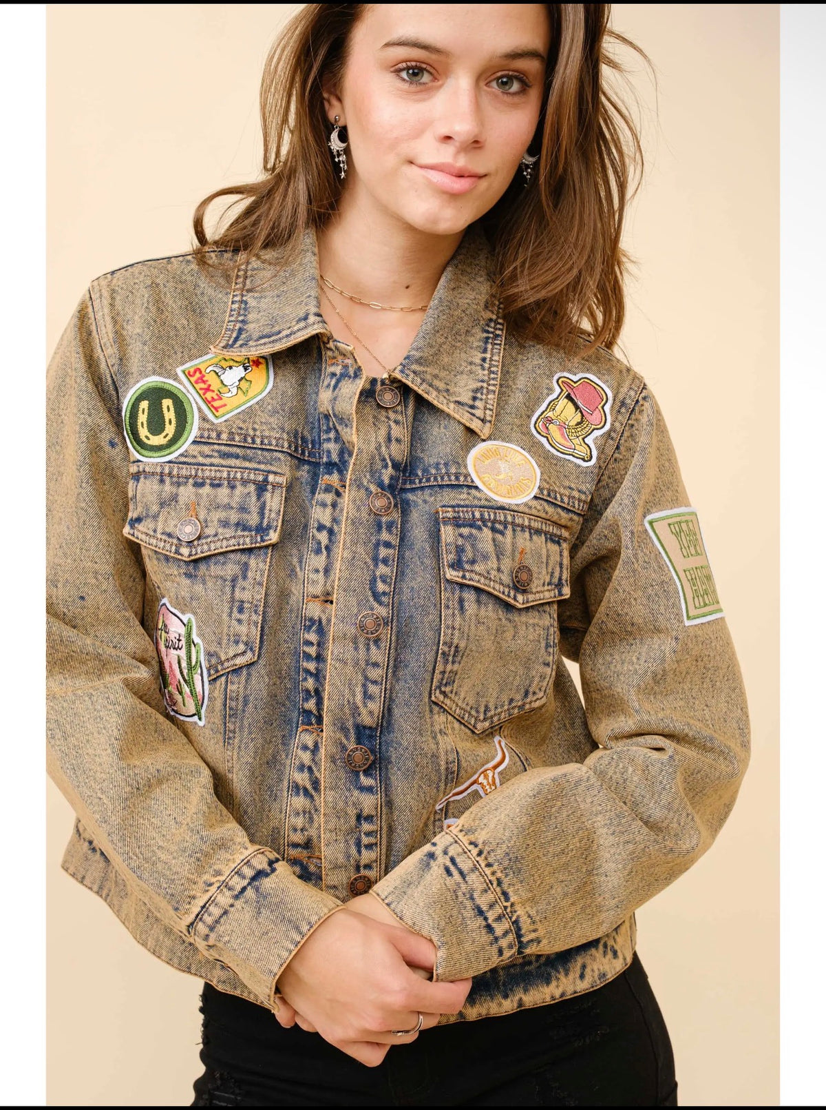 Funky Boho Mineral Wash Patch Denim Jacket