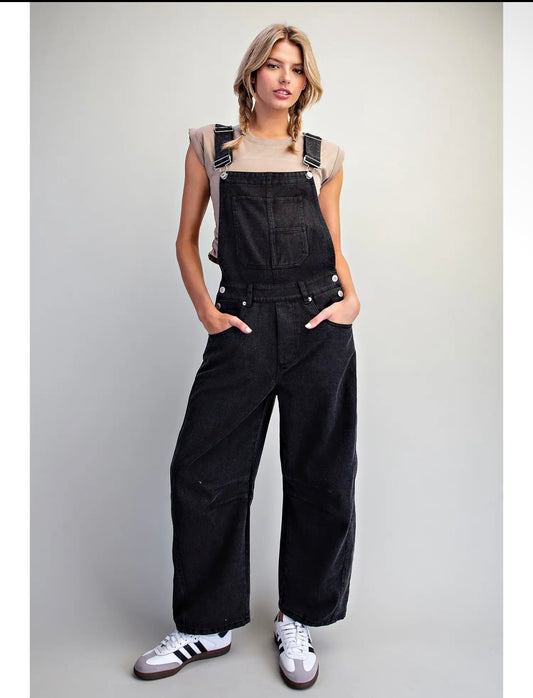 Black Mineral Wash Barrel Overalls
