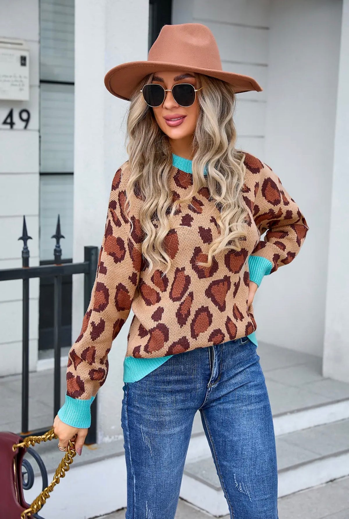Turquoise Trim Leopard Knit Sweater