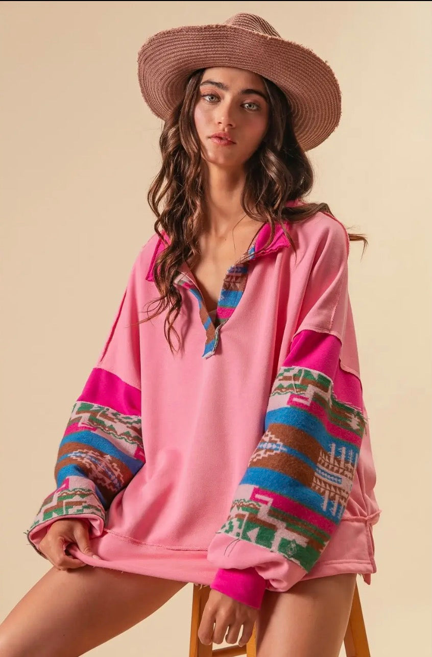 French Terry Aztec Print Mixed Top – Pink