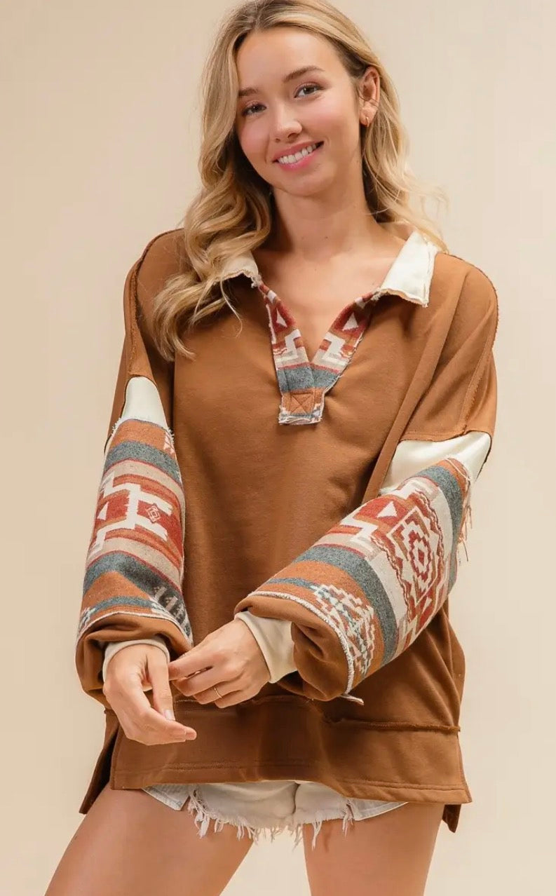 French Terry Aztec Print Mixed Top – Camel