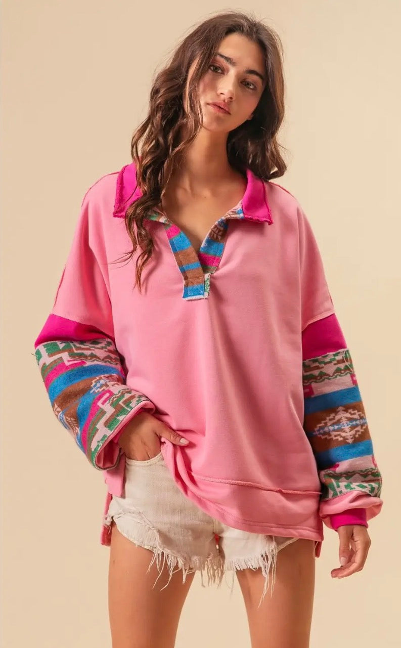 French Terry Aztec Print Mixed Top – Pink