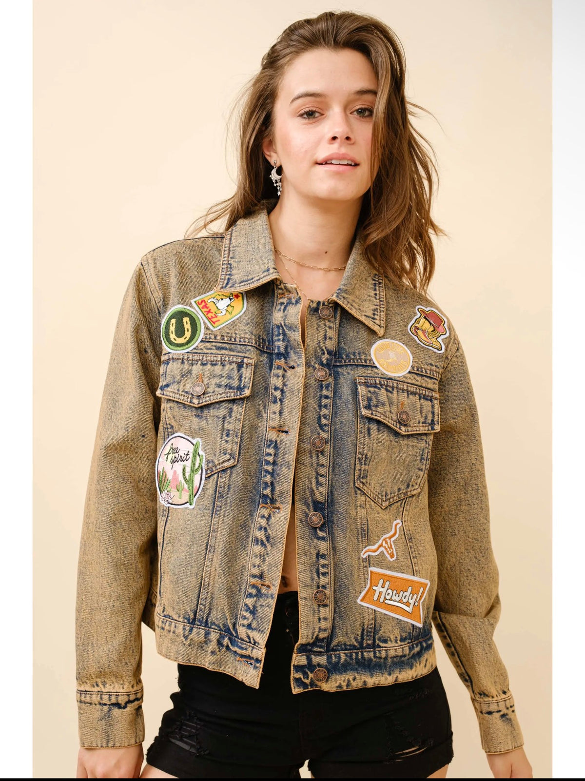 Funky Boho Mineral Wash Patch Denim Jacket