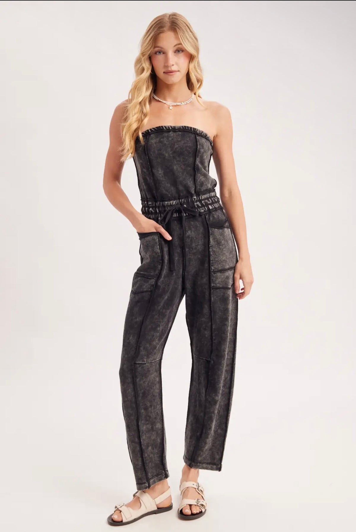 Mineral Wash Strapless Jumpsuit — Black