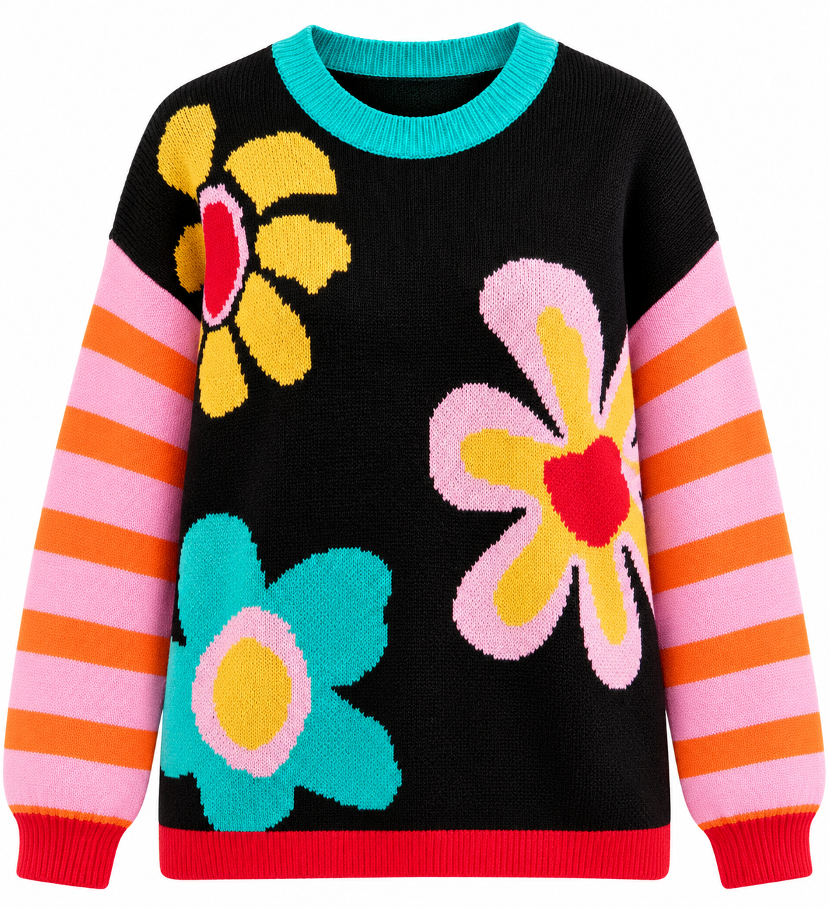 Retro Flower Power Knit Sweater – Black