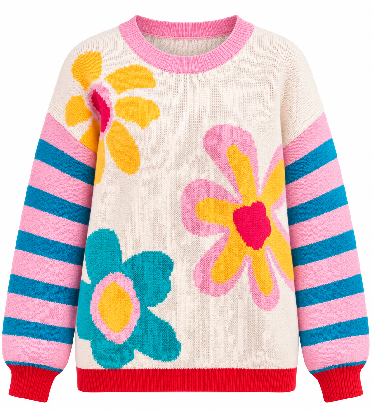 Retro Flower Power Knit Sweater – Cream